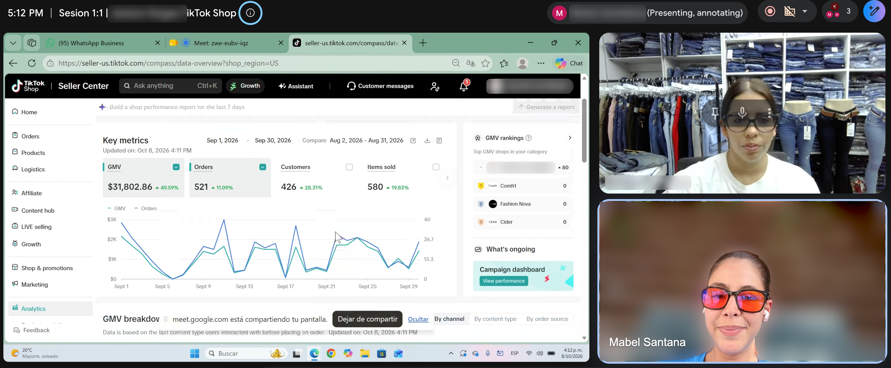Sesión 1:1 de Mabel con una marca, revisando su Seller Center